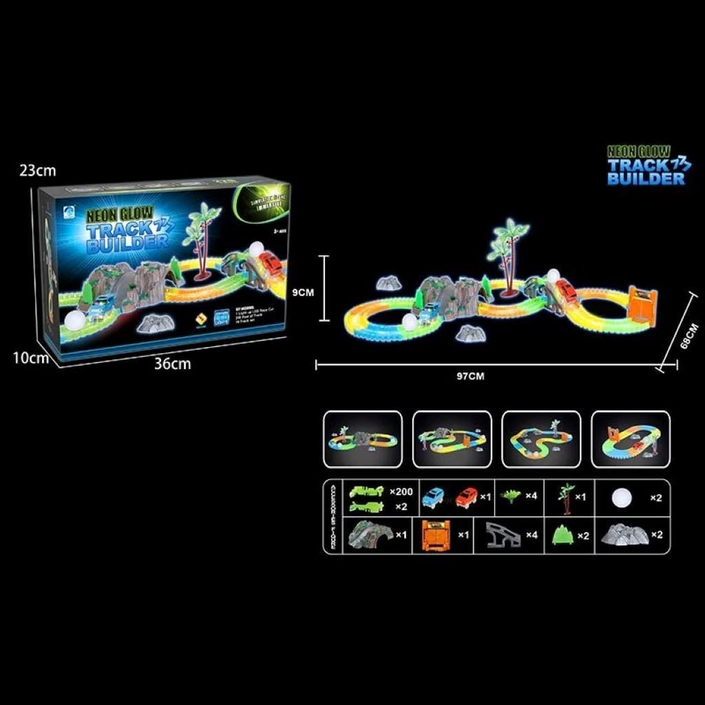 Трек неоновий 220дет машинка на бат відсвічування в темноті в коробці 36*23*10см 777-133 Китай