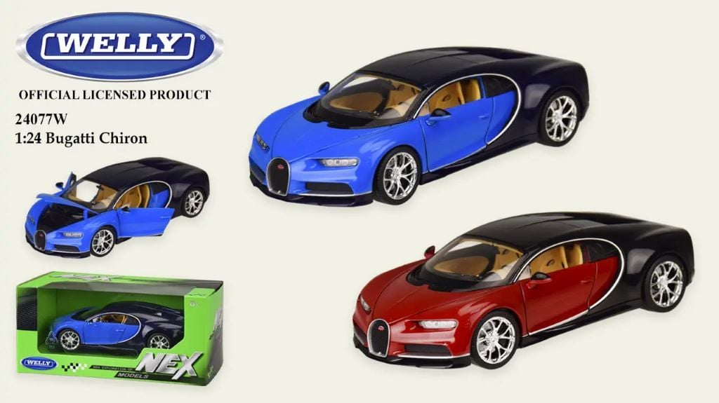 Машина металева 1:24 Bugatti Chiron відкр двері гумові колеса у коробці 23*11*11см 24077W Welli