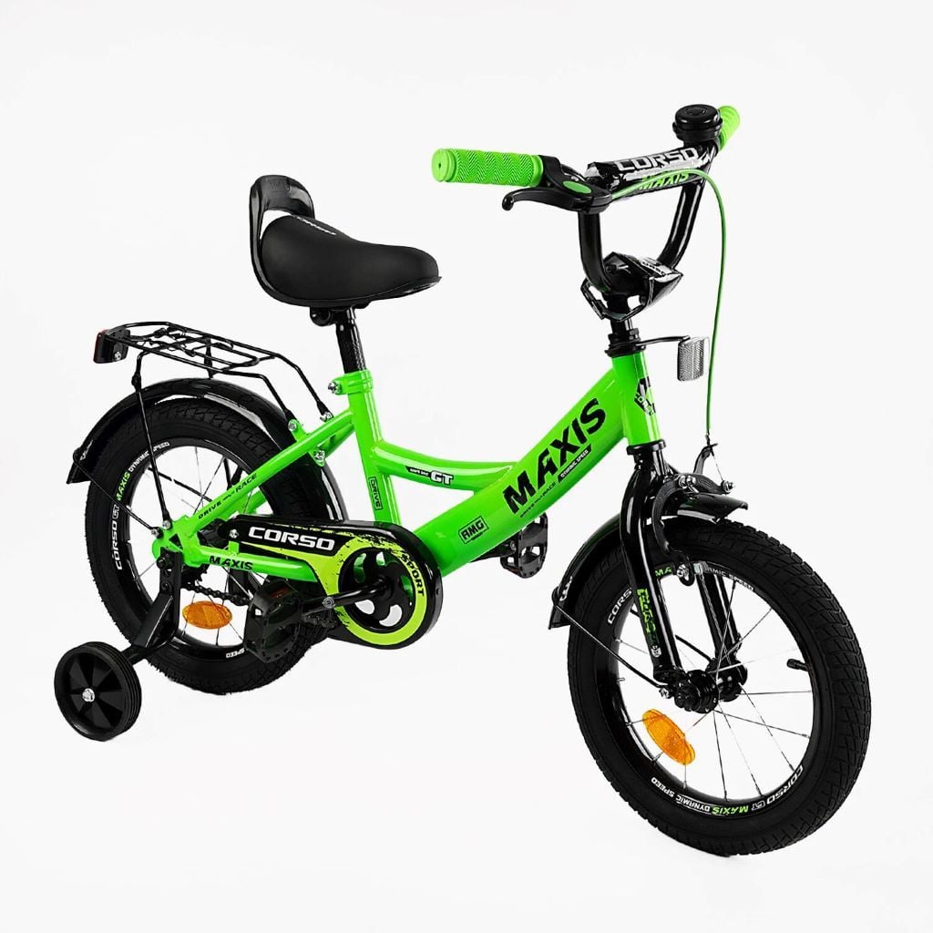 Велосипед 14" 2-х колісний Corso Maxis ручне гальмо. дзвіночок сидіння з ручкою додаткові колеса CL-14125 corso