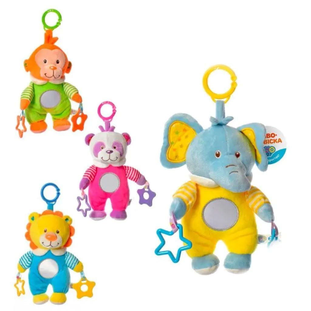 Підвіска на візок і ліжечко Тваринкм 30см з прорізувачем і дзеркалом мікс кольорів і видів D8041 limo toy