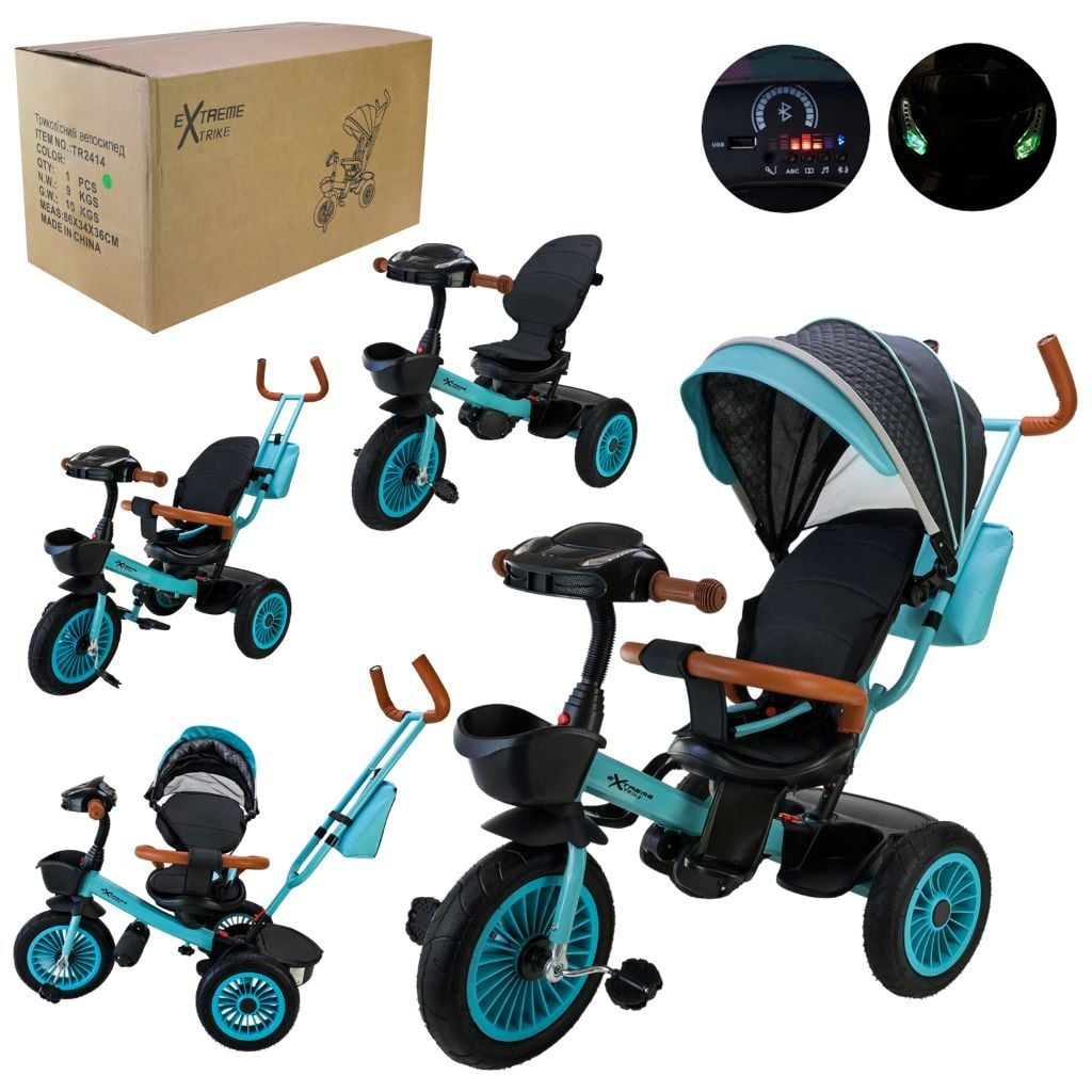 Велосипед 3-х колісний з дахом та батьківською ручкою гумові колеса 12'' і 10'' з гальмом, пультом блакитний TR2414 Extreme