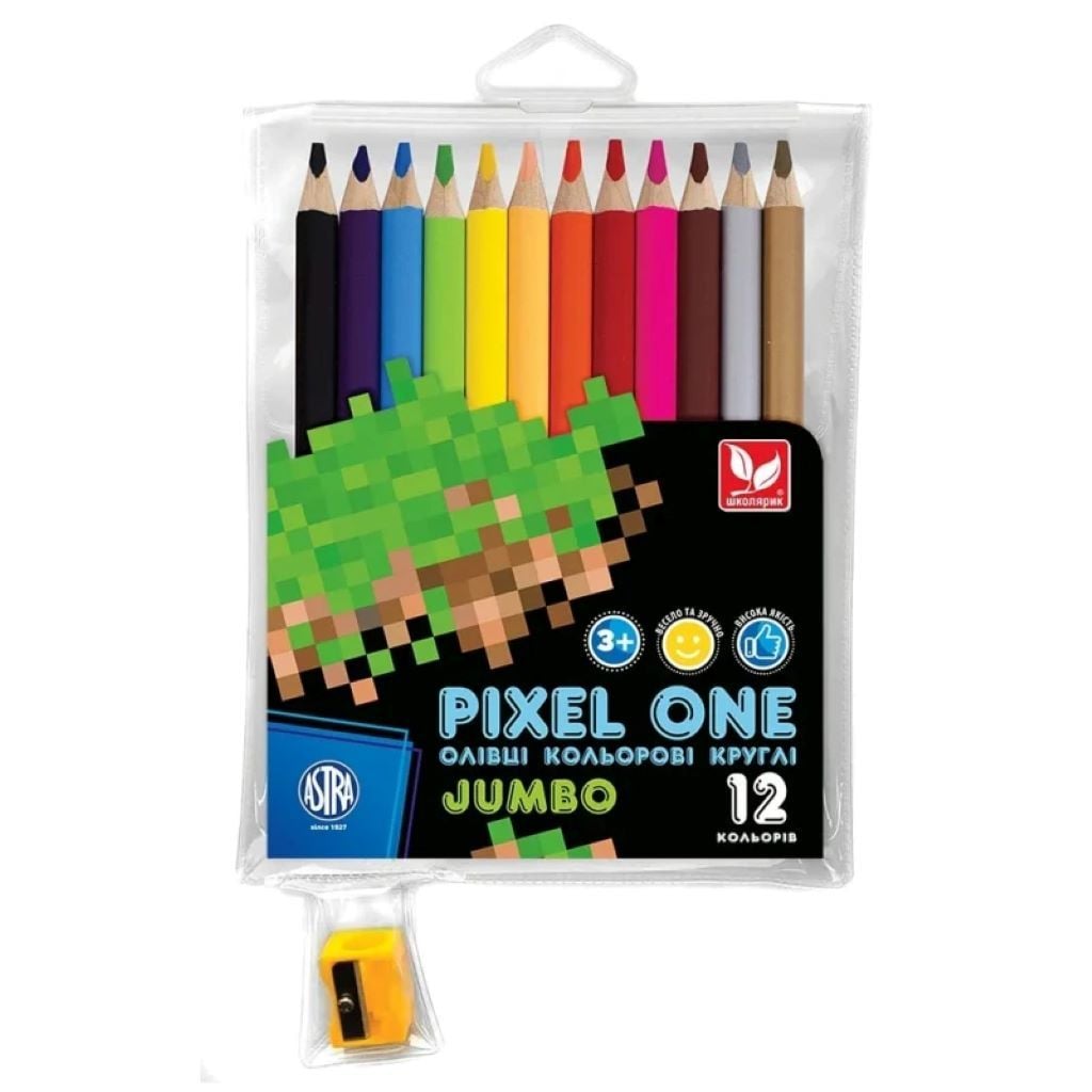 Олівці кольорові 12шт 12кол Джамбо Pixel One з чинкою у блістері 312221005-UA Школярик