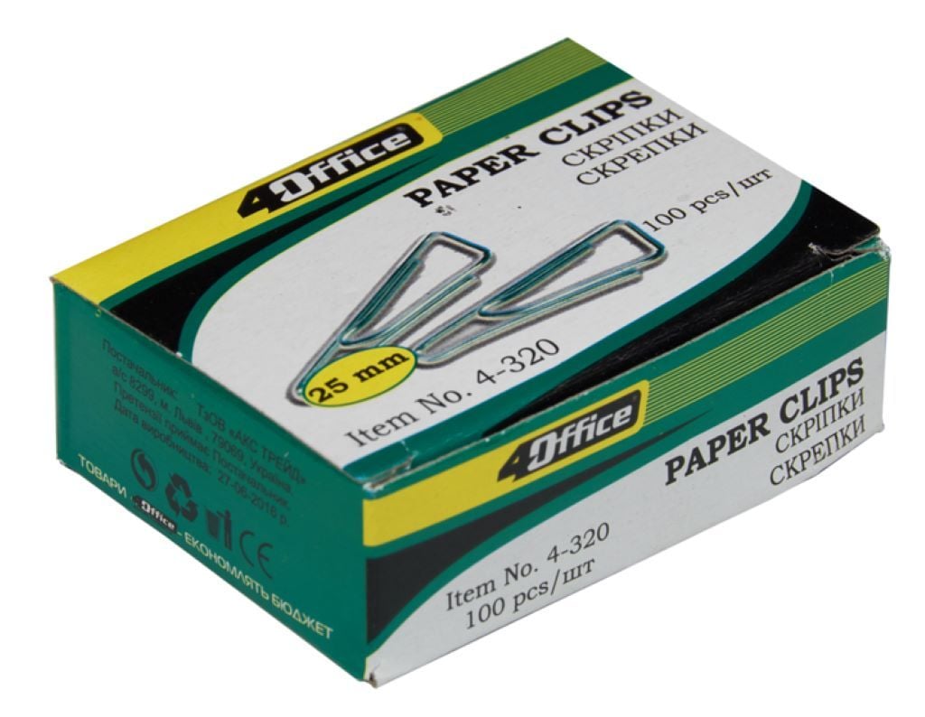 Скріпки канцелярськи 25мм трикутні 100шт у коробці 4-320 Office