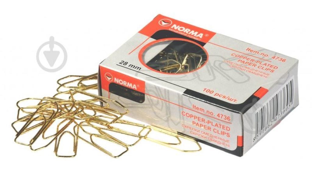 Скріпки канцелярськи 28мм обміднені 100ш човник у коробці 4736N Norma