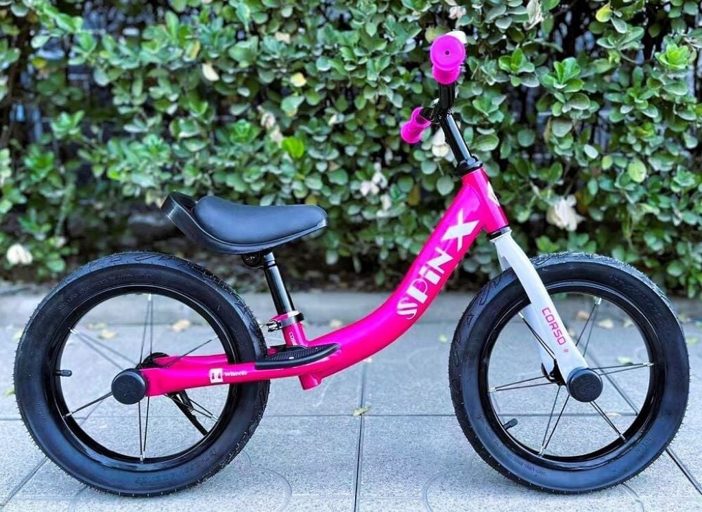 Велобіг 14" Spin-X надувні гумові колеса  сталева рама підніжка підставка для ніг дзвоник рожевий PX-211-74 corso