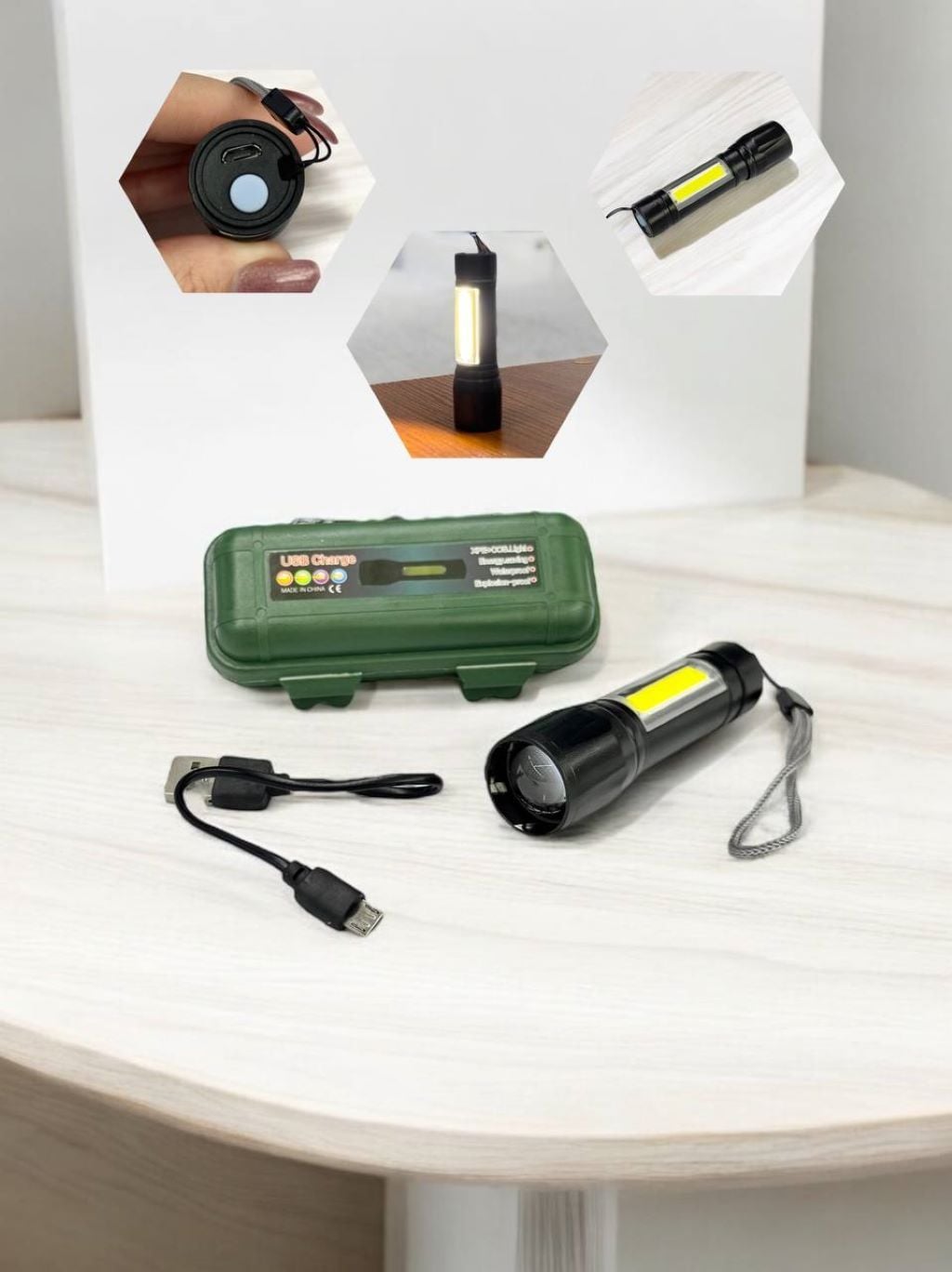 Ліхтар акумуляторний USB шнур в пластиковім боксі 11*3,5*3,5см WL-00121 Польща