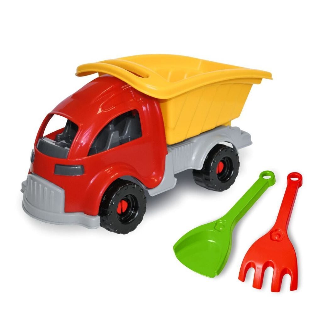 Машина пластик самоскид 30*15*15 з граблями та лопатою у сітці 40043 Тігрес