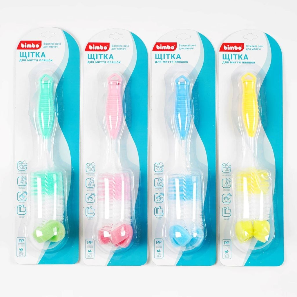 Щітка для миття пляшечок з поролоном мікс кольорів на листі 38*10см C63890 Bimbo