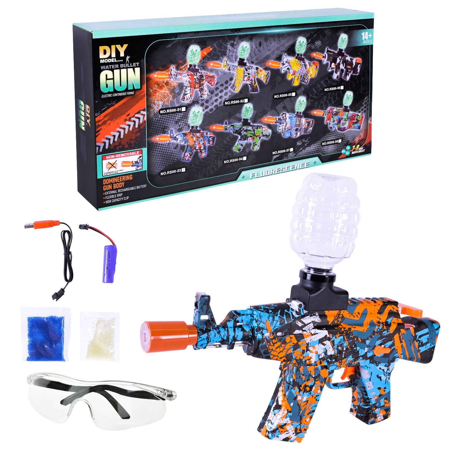 Автомат стріляє орбізами 7-8мм  світиться акум 7,4V  USB-кабель окуляри у коробці 43*21*9см   RS00-53 Китай