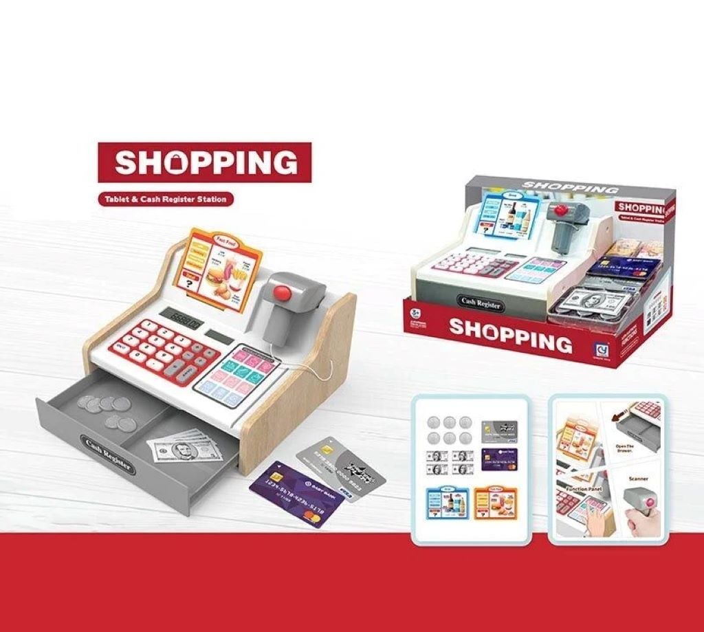 Касовий апарат вбудований акумулятор калькулятор іграшковий сканер звуки підсвічування іграшкові гроші муляжі продуктів в коробці 818-503 Chaoye Toys