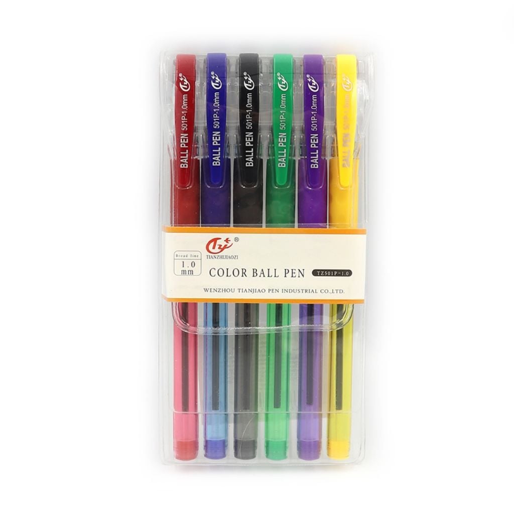Ручка кулькова набір 6шт 1,0мм в упаковці мікс  кольорів TY501P-6 Tianjiao