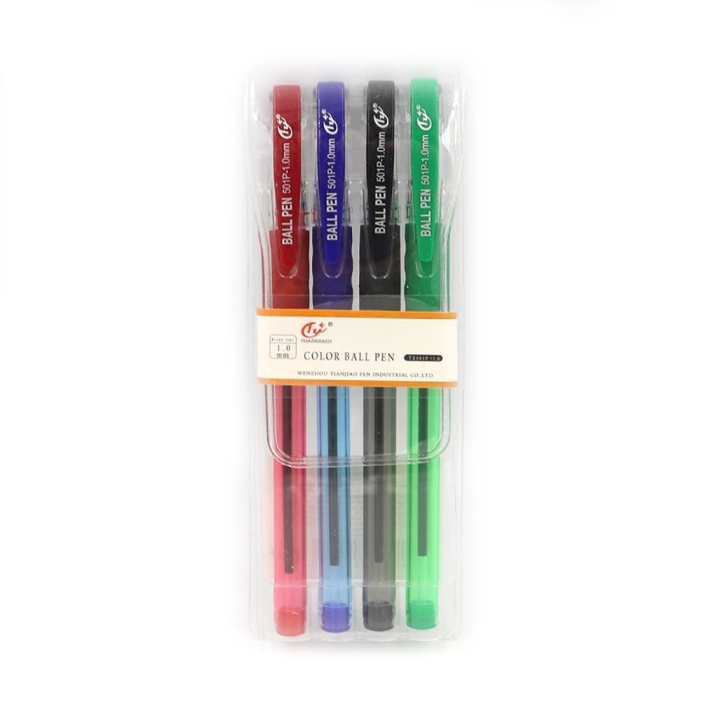 Ручка кулькова набір 4шт 1,0мм в упаковці мікс  кольорів TY501P-4 Tianjiao