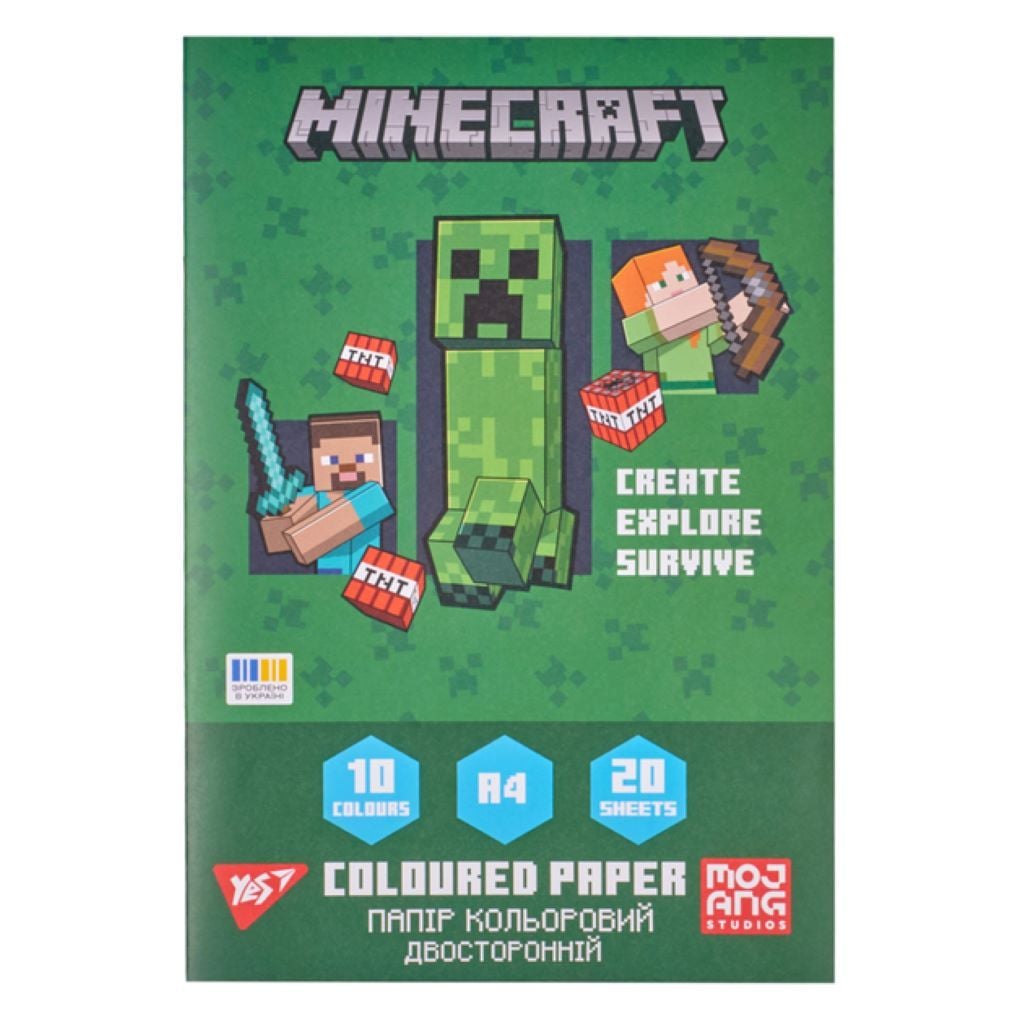 Папір кольоровий А4 Minecraft двосторонній 20 аркушів 10 кольорів скоба 955458 Yes