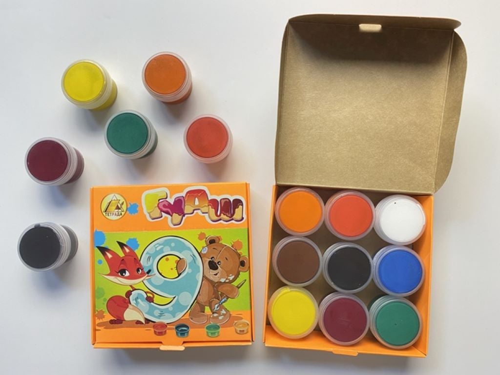 Фарба гуаш 9 кольорів 10мл баночках 110г в коробці 13*13*20см 91111 Тетрада