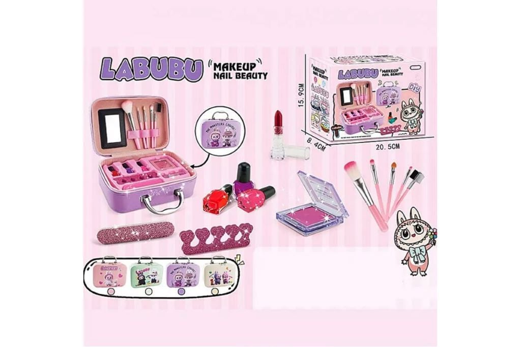 Косметика Labubu тіні, пензлики, помада, лаки 3шт, розділ. для пальців, пилка, дзеркальце, з аксесуар., сумочка-валіза, в коробці 20.5*16*8.5см HZ068 Китай