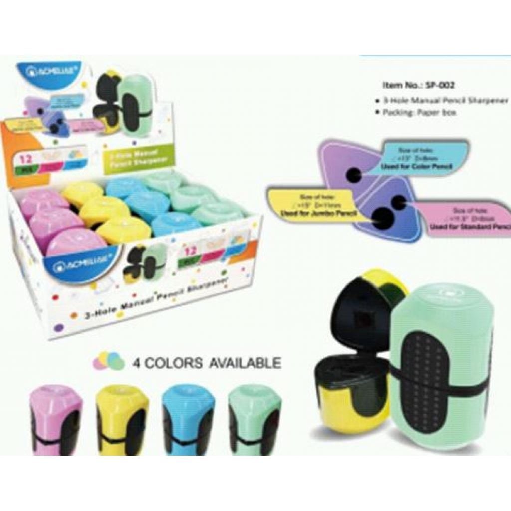 Точилка на 3 олівці з пластиковим контейнером мікс кольорів SP-002 Acmeliae