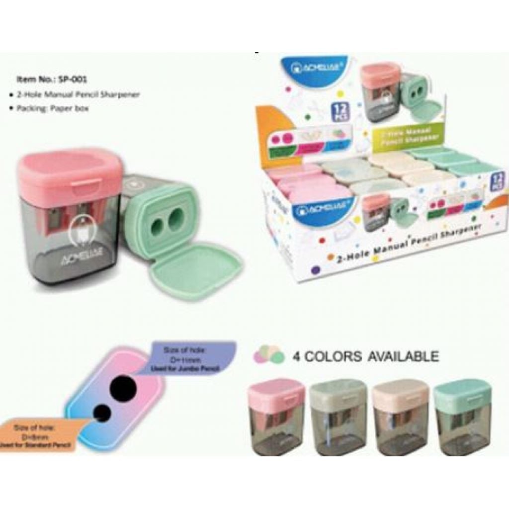 Точилка на 2 олівці з пластиковим контейнером мікс  кольорів SP-001 Acmeliae