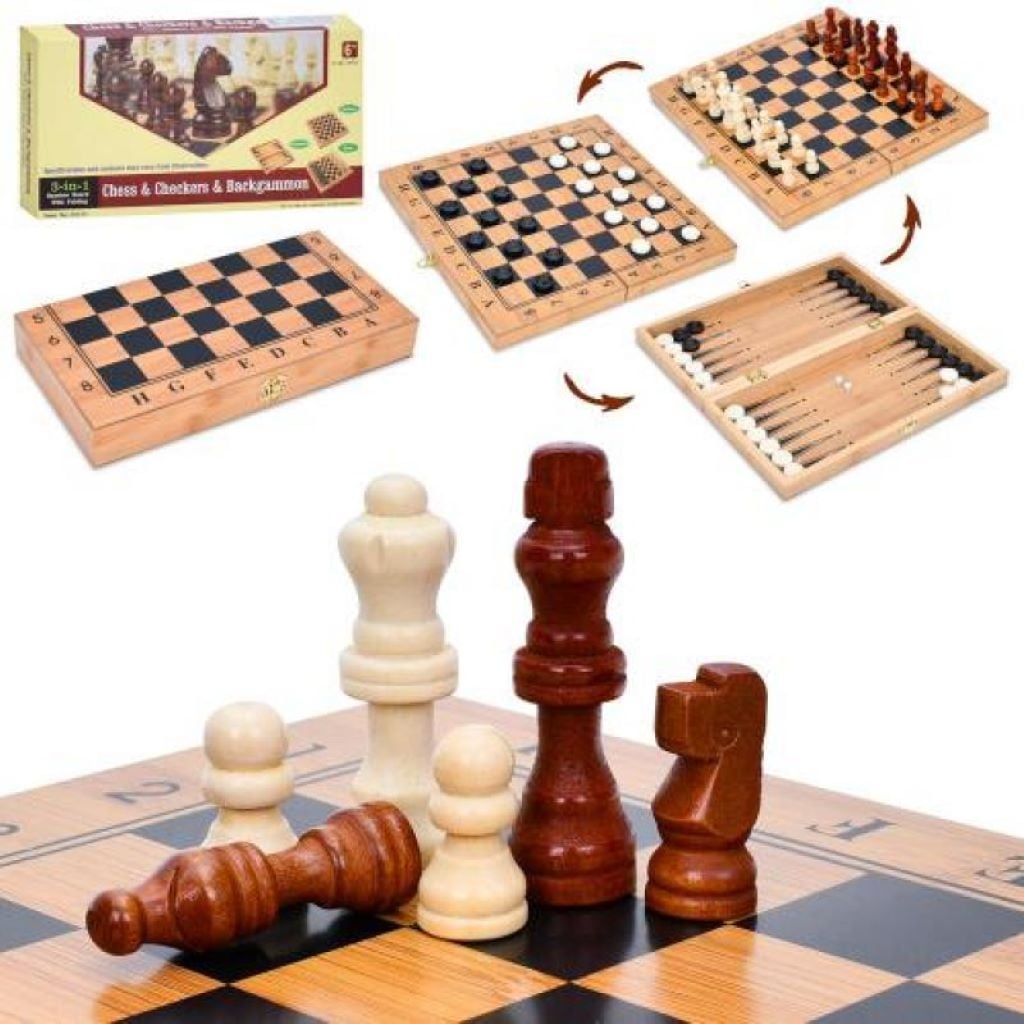 Шахи шашки нарди 3в1 дерев'яна дошка  в коробці 34*17*5,5см B3135 Китай