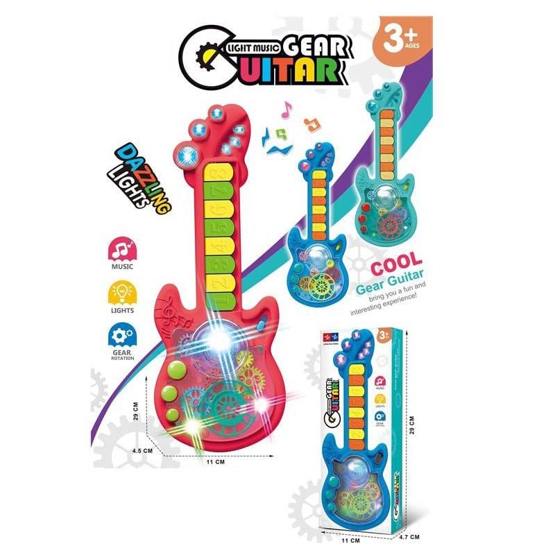 Гітара на батарейках 3 кольори 2 режими гри 8 пісень піаніно прозорий корпус рухомі шестерні в коробці 999-53 Leng Rui Feng