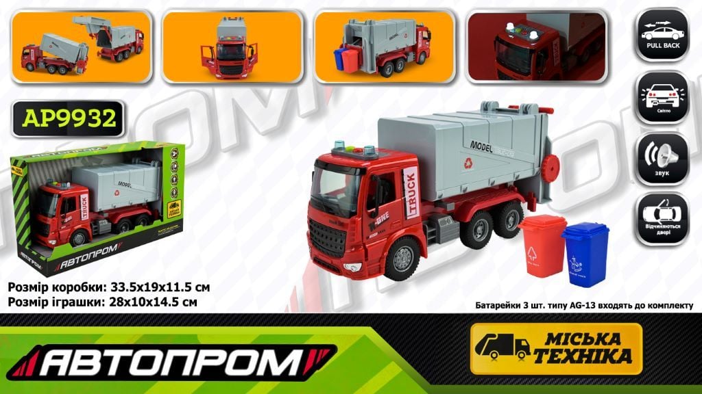 Машина пластик Міська техніка 1:16 світло звук на батар у коробці 33,5*19*11,5см AP9932 Автопром