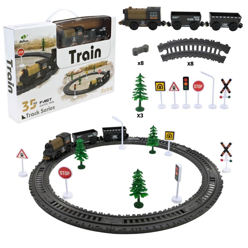 Залізниця 35 елементів 2 вантажні вагони звук підсвічування пар в коробці 38,5*26,5*6см AU6887 Juntong