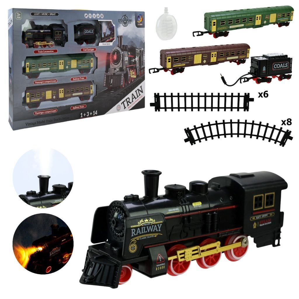 Залізниця 14 елементів 2 вантажні вагони звук підсвічування пар в коробці 57*33*5,5см AU6887 Juntong