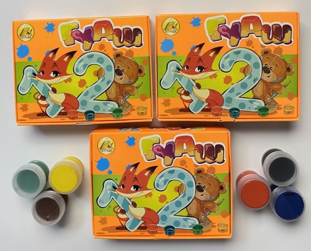 Фарба гуаш 12 кольорів 10 мл баночках 120г в коробці 13*18*2см 89519 Тетрада