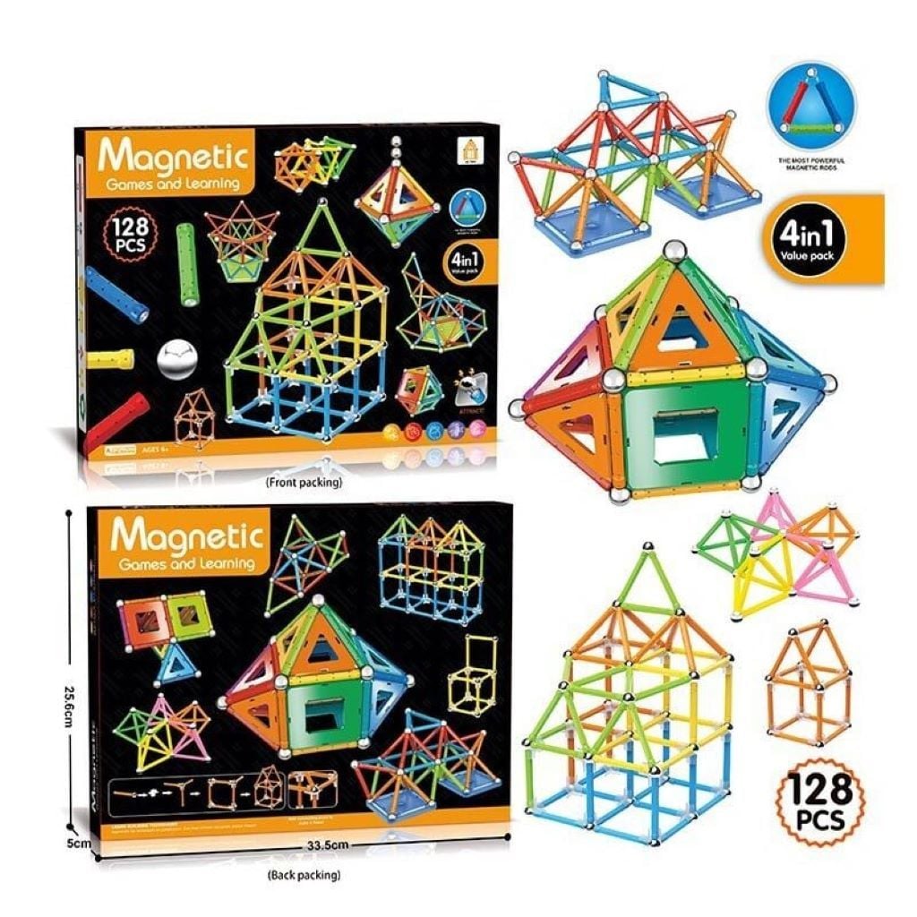 Конструктор магнітний 128дет 3 типи елементів у коробці 33*25*5см AQ-2208 Китай