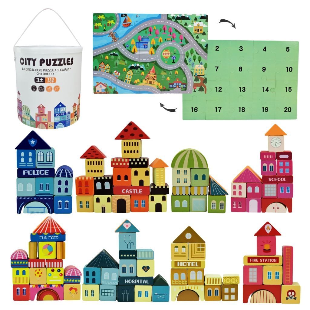 Конструктор дерев'яний 110ел пазли ігрове поле у відрі 20*20*18см C15058 Китай