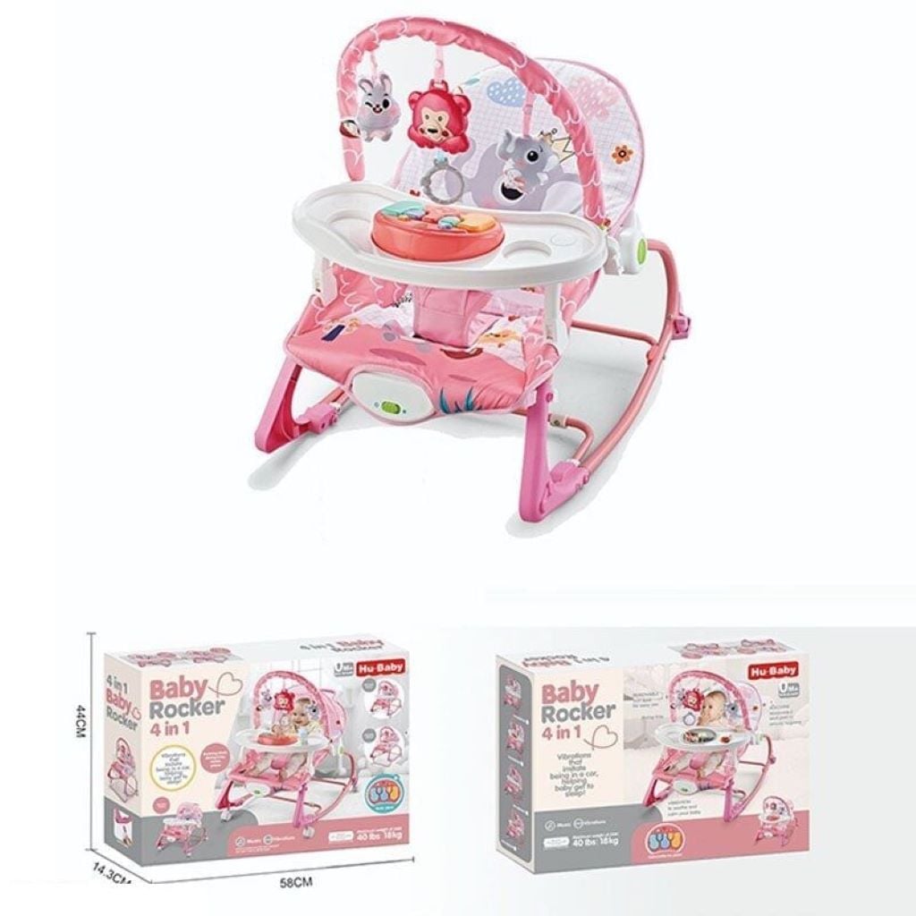 Шезлонг рожевий на бат заспокійлива вібрація мелодії дуга з підвісками в коробці 58*44*14,5см 69870B Китай