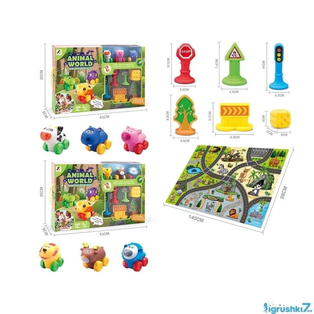Набір машин Тваринки 3шт ігровий килимок 145*98см декорації у коробці 42*27*8см JZD-111 Китай
