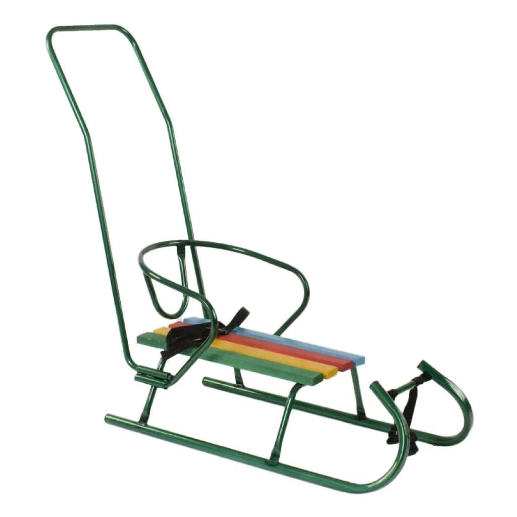 Санки Санта зі спинкою ручкою 4 поздовжних різнокольорових планок дерево з мотузкою зелені 83359 Китай