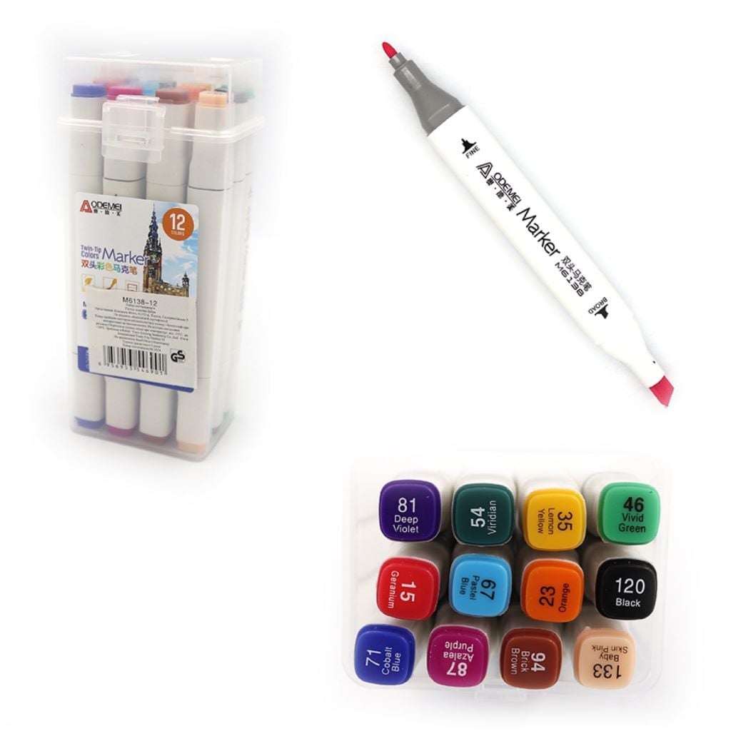 Скетч маркери набір 12шт двосторонні у пластиковому боксі M6138-12 Aodemei