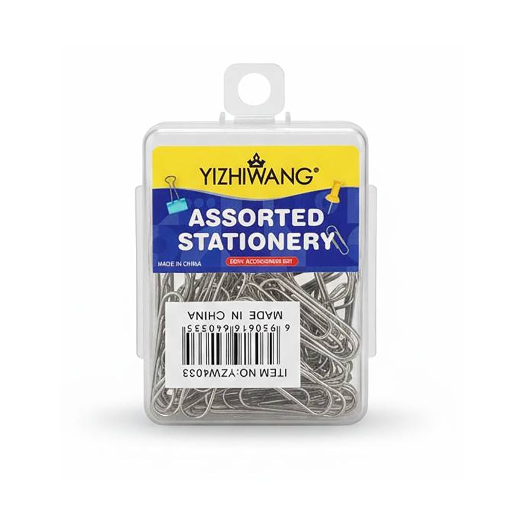 Скріпки канцелярськи 33мм нікельовані 90шт у пластиковому боксі YZW4033 YIZHIWANG