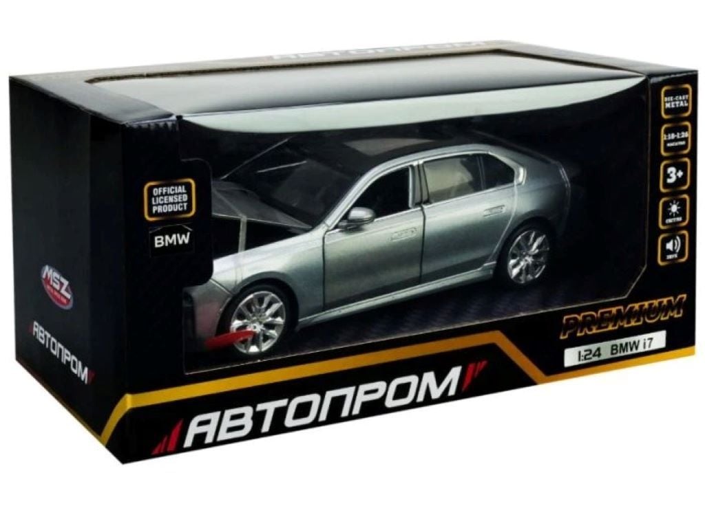 Машина метал 1:24 BMW I7  інерція звук світло відкриваються  двері коробка 24*13*11.5см 68283A Автопром