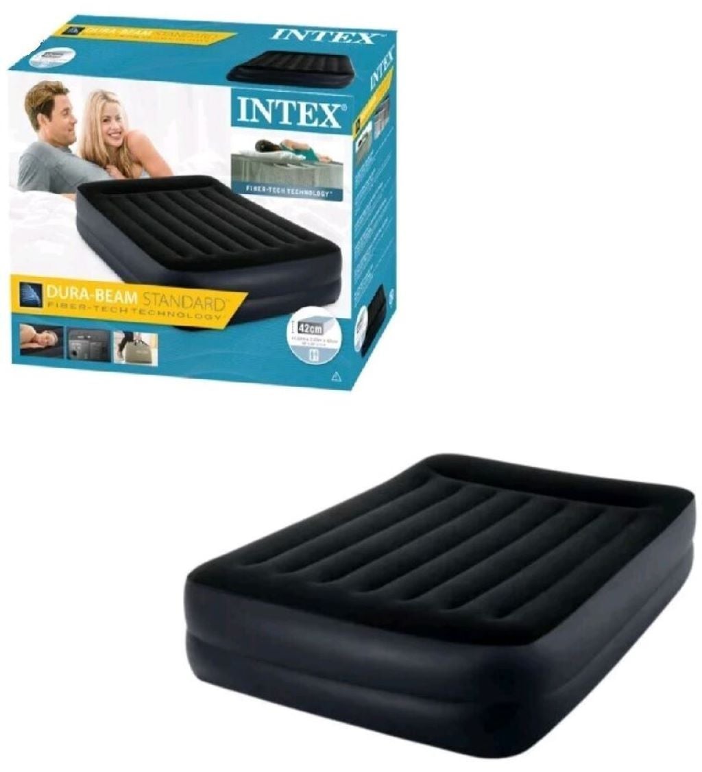 Надувний матрас велюр синій з вбудованим електронасосом 152х203х42см 64124ND intex