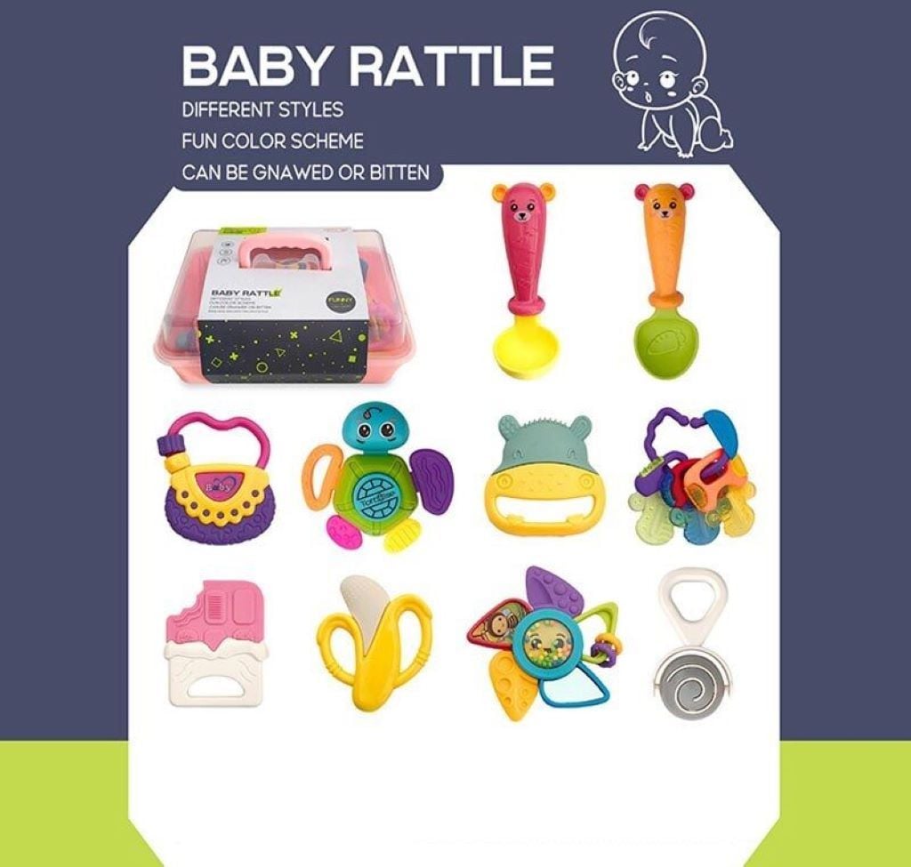 Набір брязкалець10 ел ложечки гумові прорізувачі пискавка тріскачка пальчикові ігри дзеркальце в  пластиковому боксі    8435-4 Китай