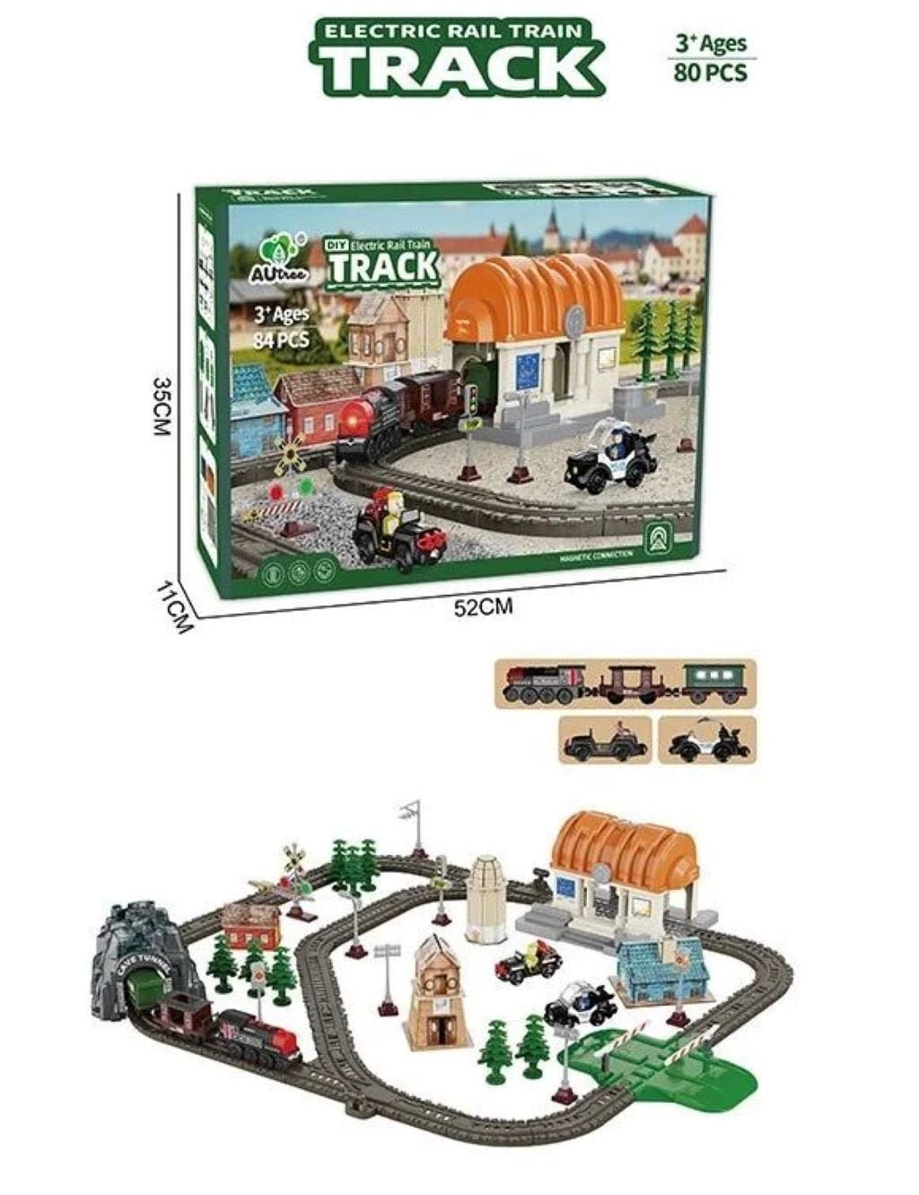 Залізниця 89 дет світло звуки автоматичний рух магнітне з'єднання 2 вагони локомотив 2 машинки декорації тунель в коробці 52,5*35*11см AU8662 Китай