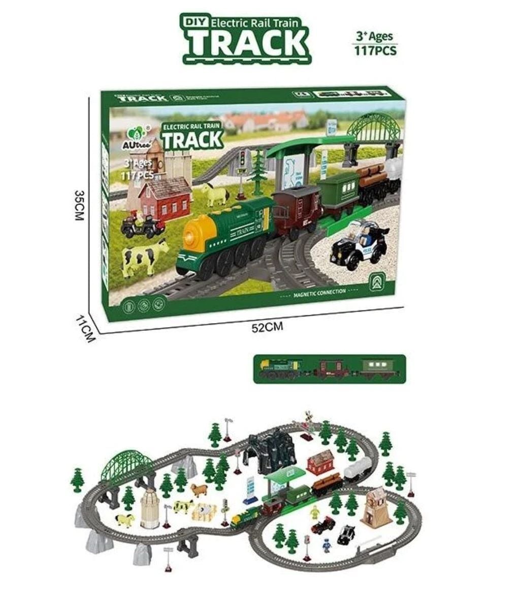 Залізниця 118 ел підсвічування звуки автоматичний рух магнітне з'єднання 4 вагони локомотив 2 машинки дорожні знаки тунель в коробці 53*35*11см AU8664 Китай