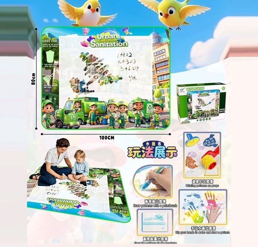 Килимок для малювання водою 100*80см маркери 3шт печатки трафарети в  коробці 35*27*5,5см YYD-0314 Китай