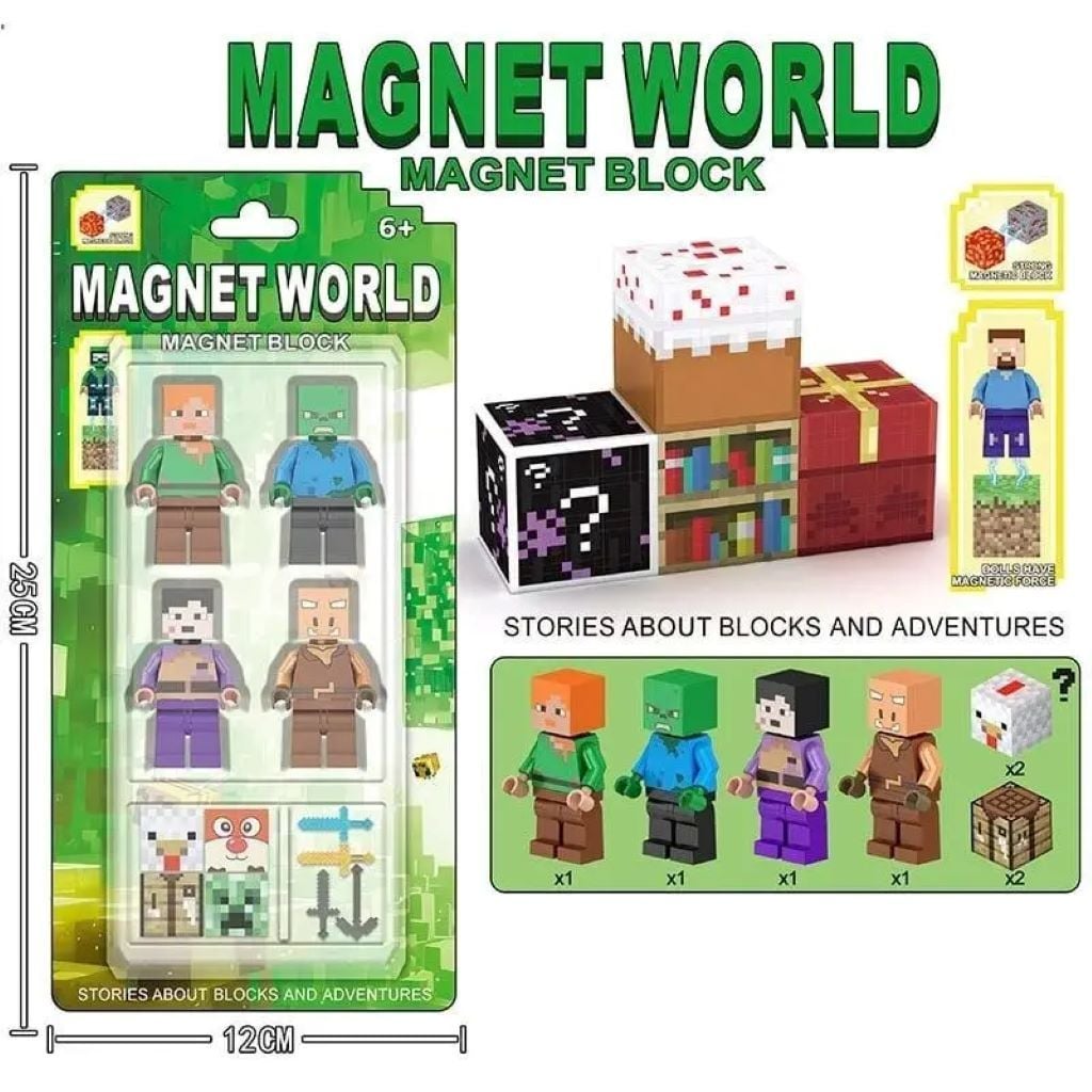 Конструктор магнітний типу Майнкрафт 4 герої кубики аксесуари на блістері 25*12*2,5см L001-12 Китай