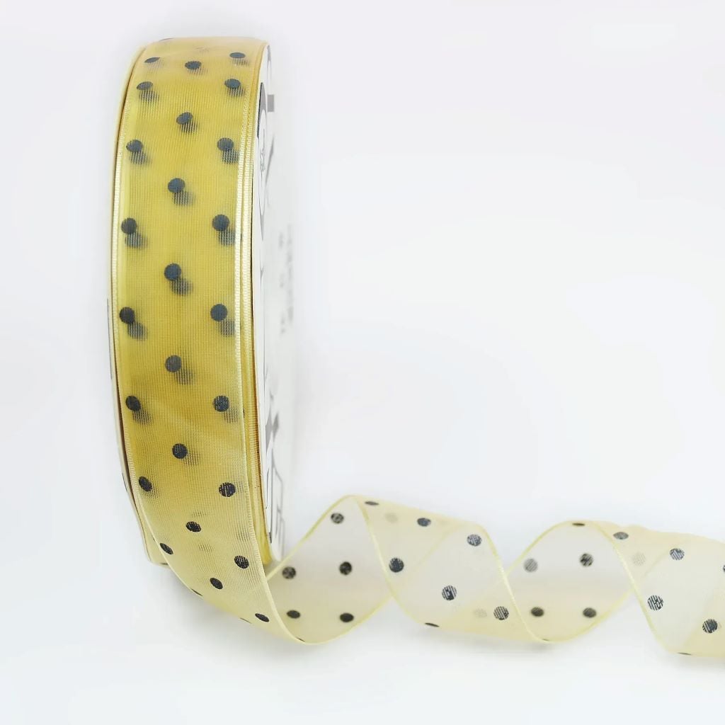 Стрічка 2,5см органза бежева з оксамитовою крапкою 23м 60682 Україна