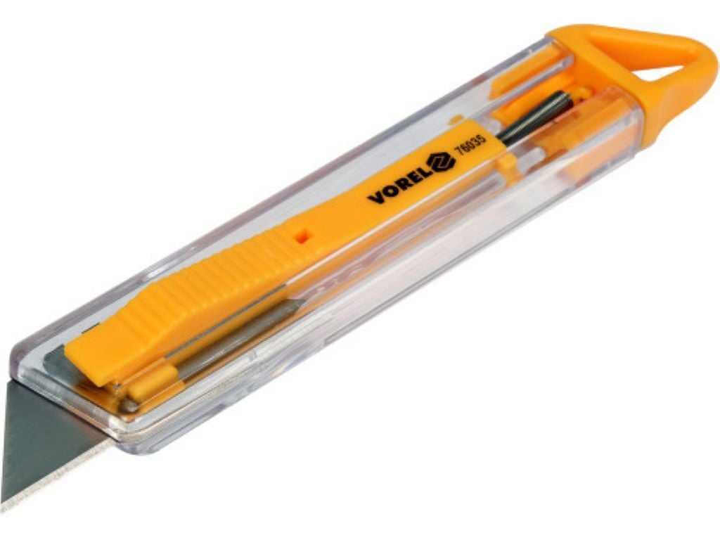Ніж канцелярський з висувним трапецевидним лезом безпечній 130*24мм лезо 61*19мм на планшеті 76035 Vorel