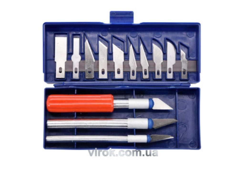 Ножі набір для різблення по дереву тримачі 3шт+16 лез в пластиковому футлярі 76305 Vorel