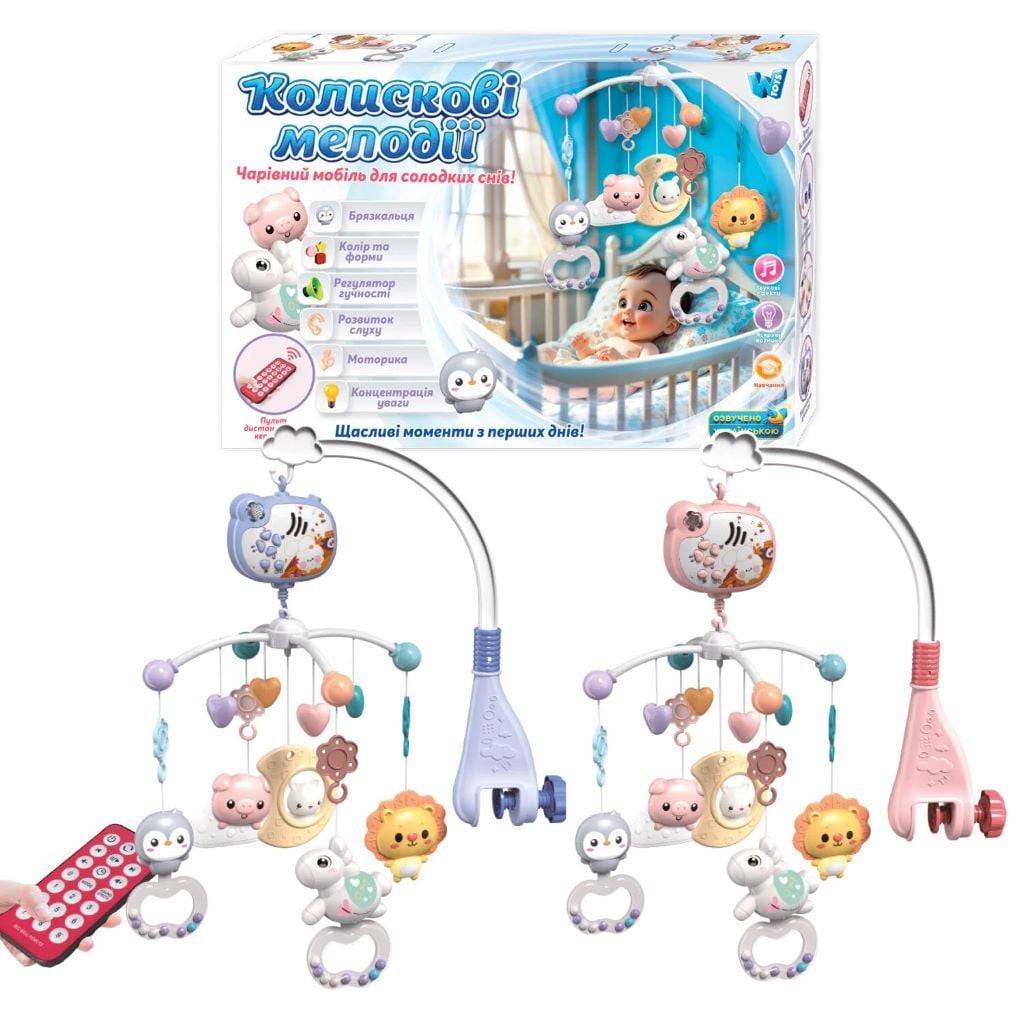 Мобіль для ліжечка 5 брязкалець проектор пульт 2 види озвуч укр у коробці 34608 W Toys