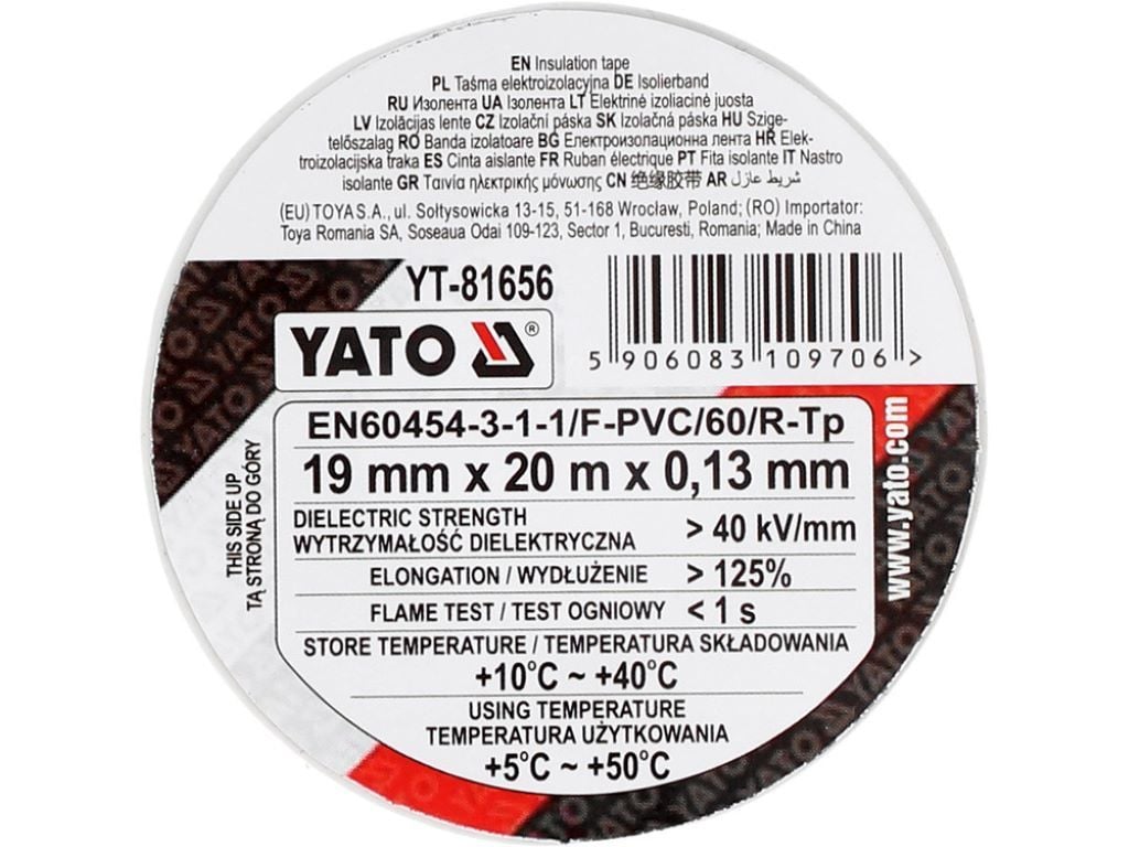 Ізоляційна стрічка ПВХ 19мм*20м біла YT-81656 YATO