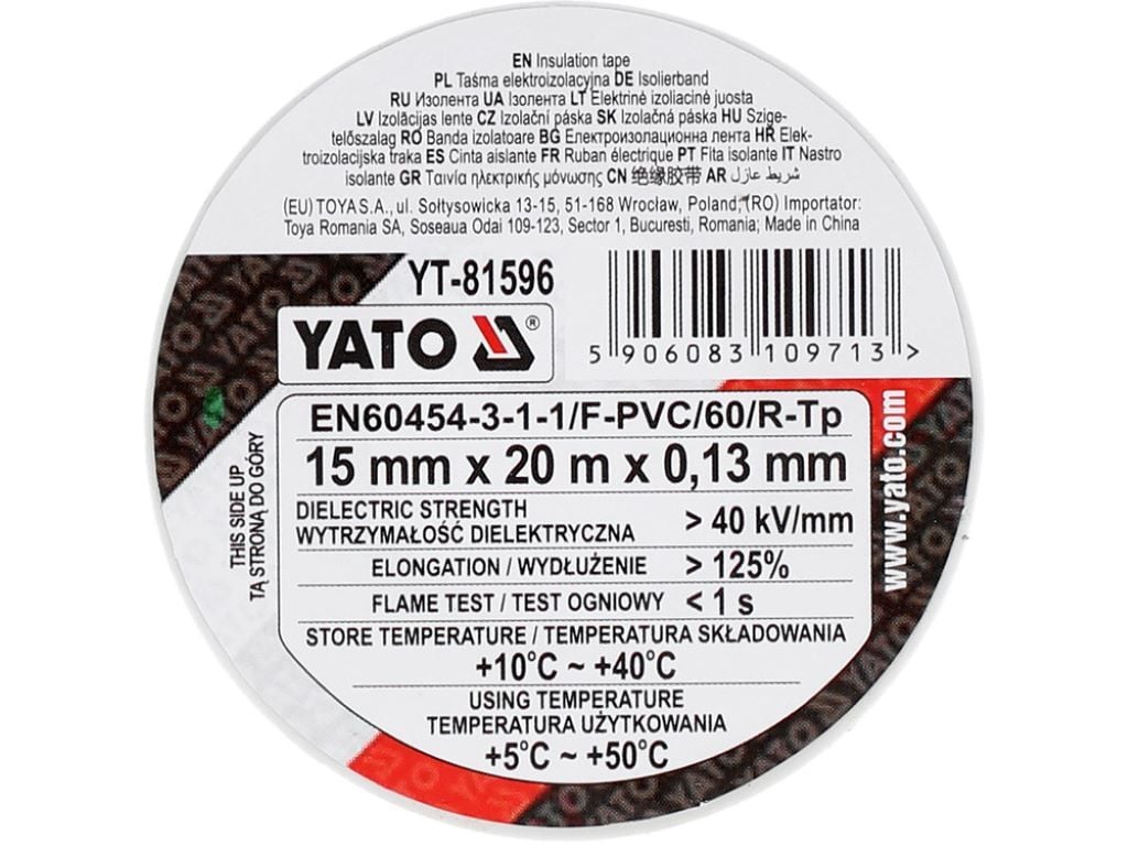 Ізоляційна стрічка ПВХ 15мм*20м біла YT-81596 YATO