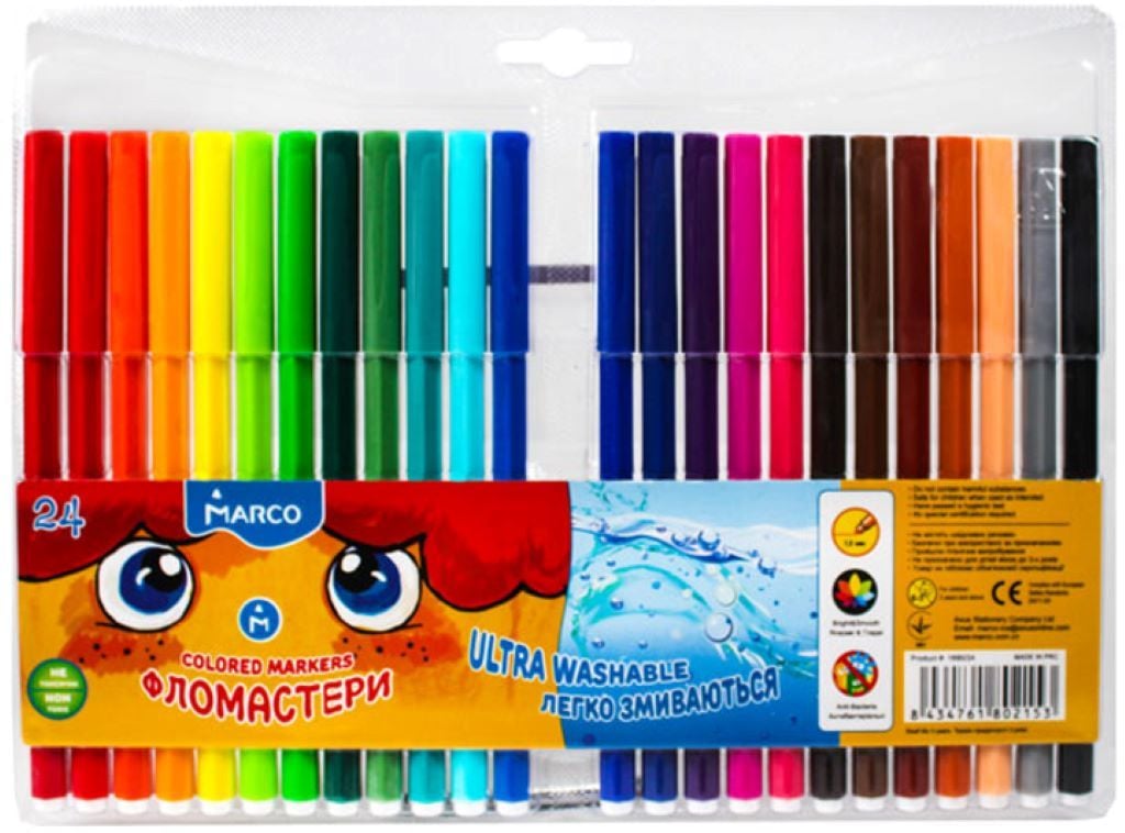 Фломастери 24 кольори легко змиваються в блістері 26*19см 1690/24 Marco