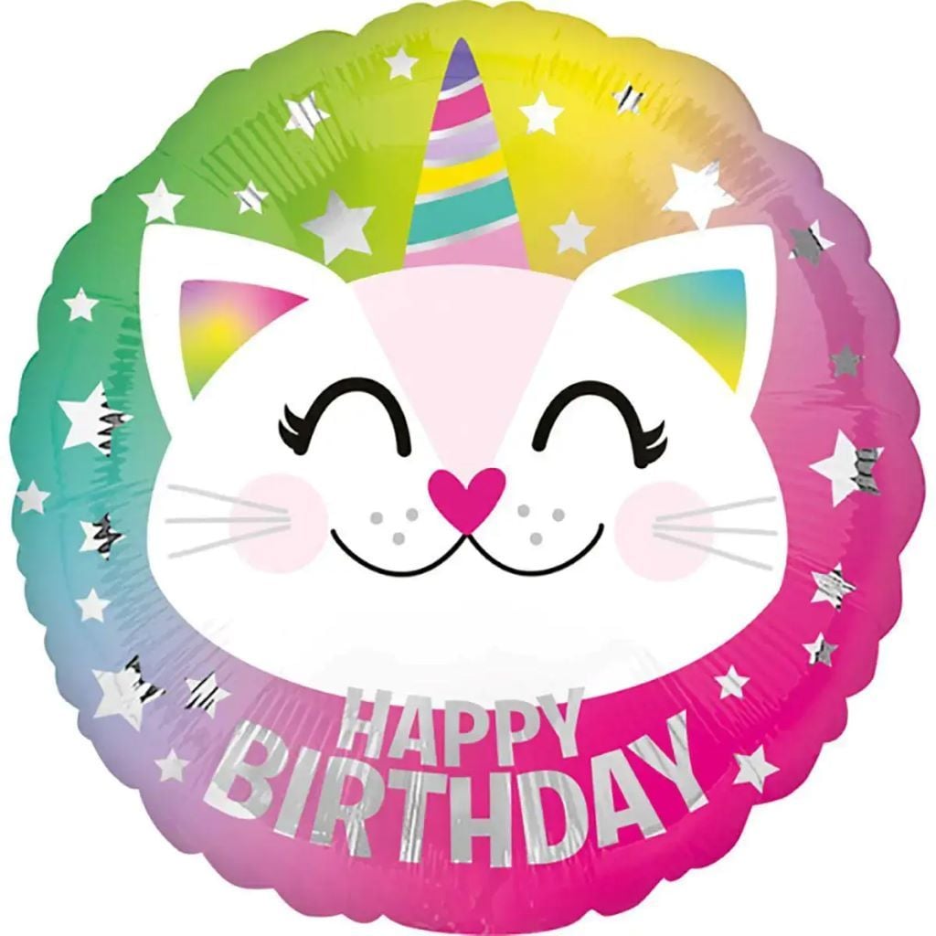 Кулька фольга коло Happy Birthday котик-єдиноріг 45см 13019 Anagram