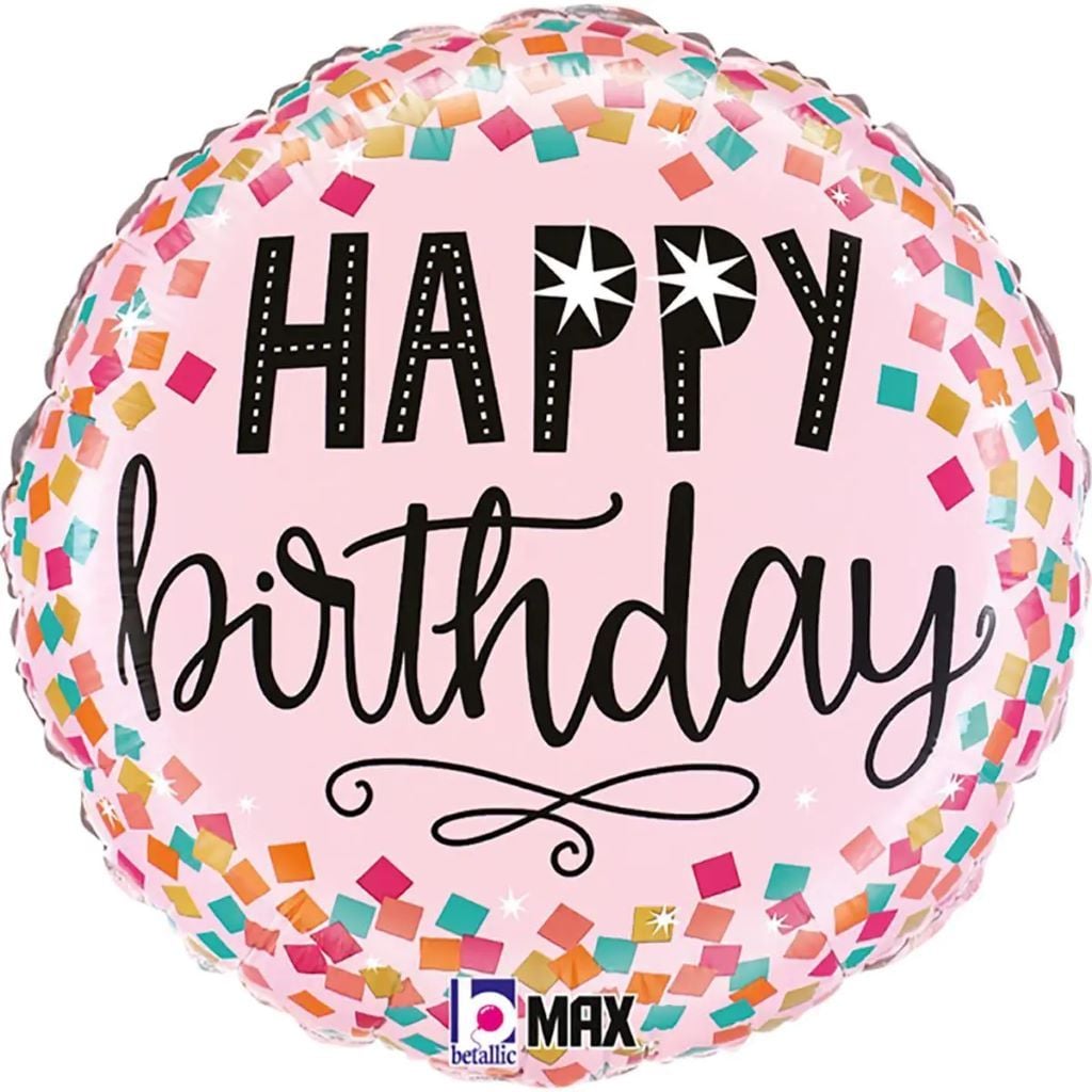 Кулька фольга 18" коло Happy Birthday рожеве конфеті в пакеті 3202-3240-12754 Італія